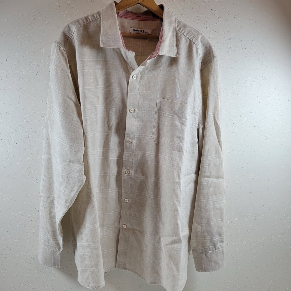 Tommy Bahama Button Shirt Men‎ XXL Beige Excellent Textured Stripe Linen Blend